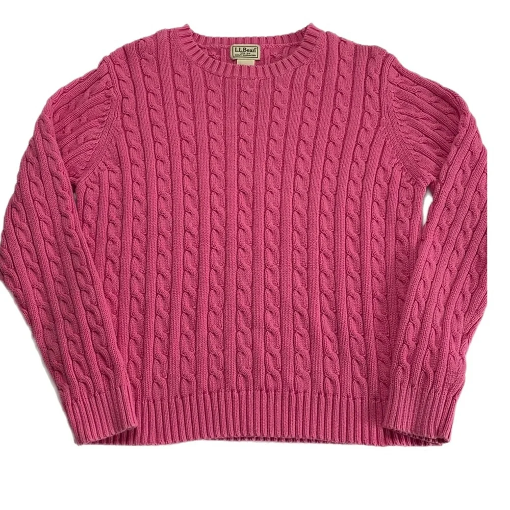 L.L. Bean Chunky Cable Knit Pink Cotton Fisherman Crewneck Sweater - Picture 3 of 12